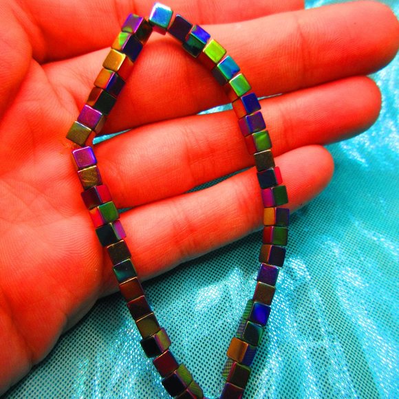 530Lemurian Jewelry - Rainbow Titanium Hematite 6mm Cube 7" Stretchy Gemstone Bracelet